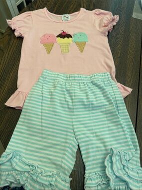 Smock Monkey 5T Girls Pink Ice Cream Short Sleeve Set with Mint Striped Shorts